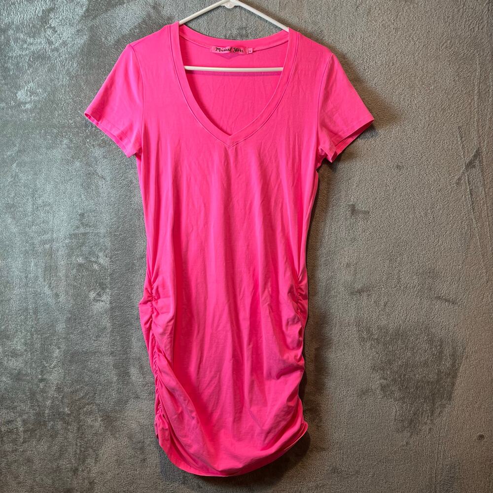 Michael Stars V Neck Ruched Side Mini
Dress Hot Pink Size Large Summer‎ Cotton